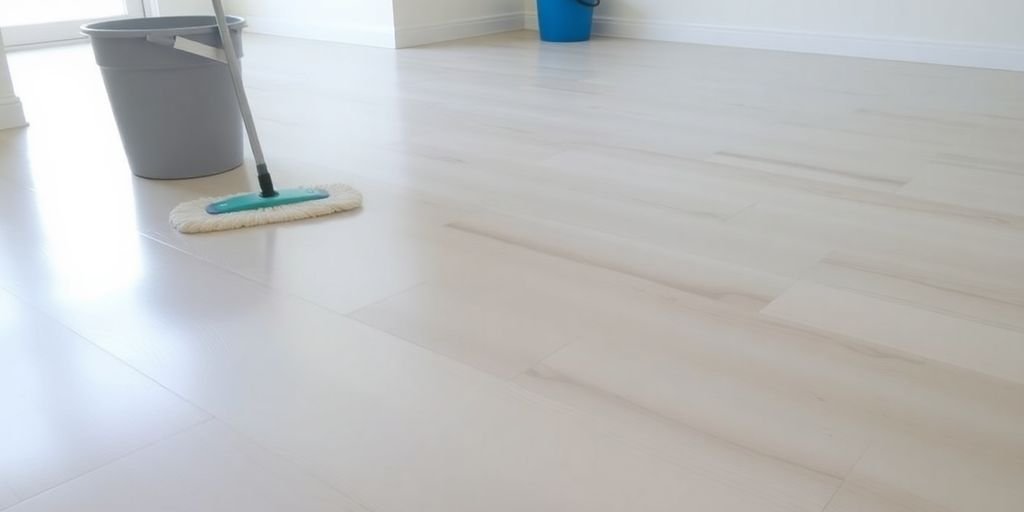A clean white floor featuring a broom and mop, highlighting the importance of professional flooring services.